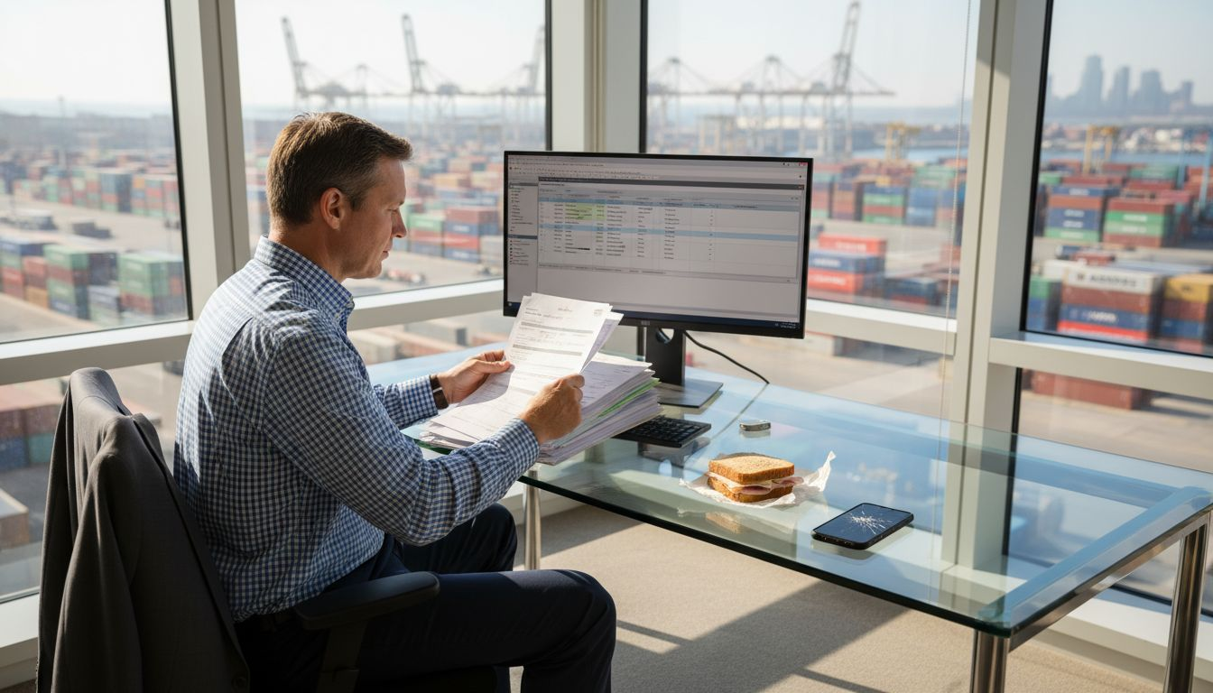 Customs broker checking import documents in office