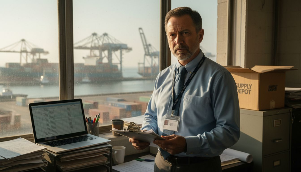 Logistics manager reviews shipping paperwork at port