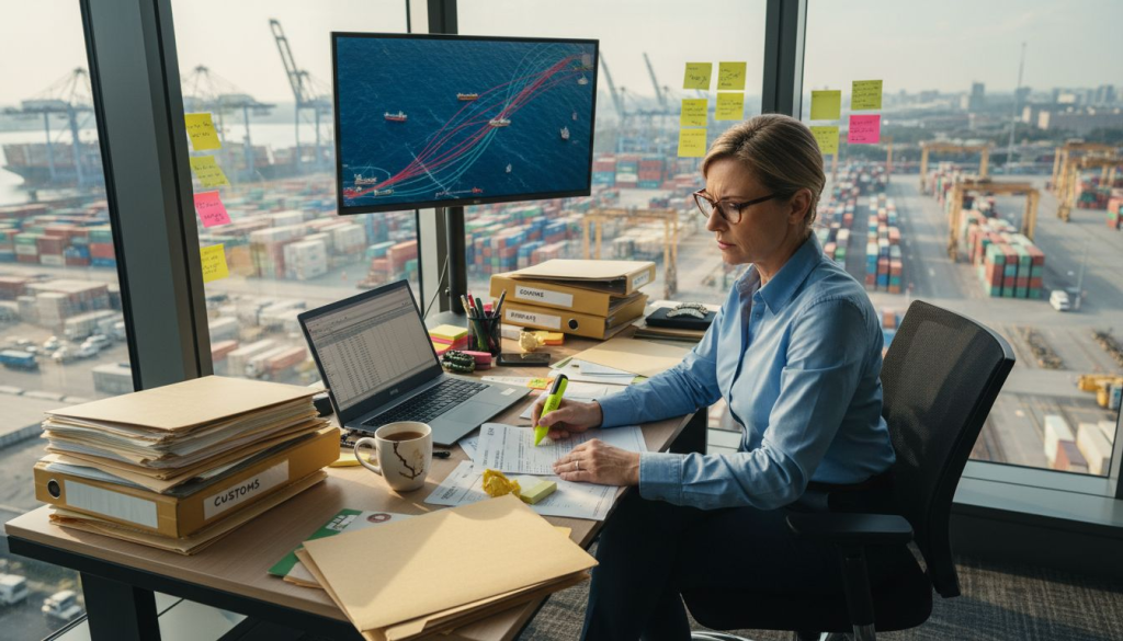 Logistics manager reviewing shipping documents in corner office