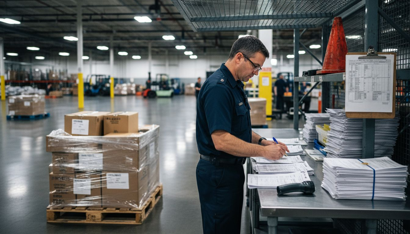 Customs officer reviewing shipment paperwork at port