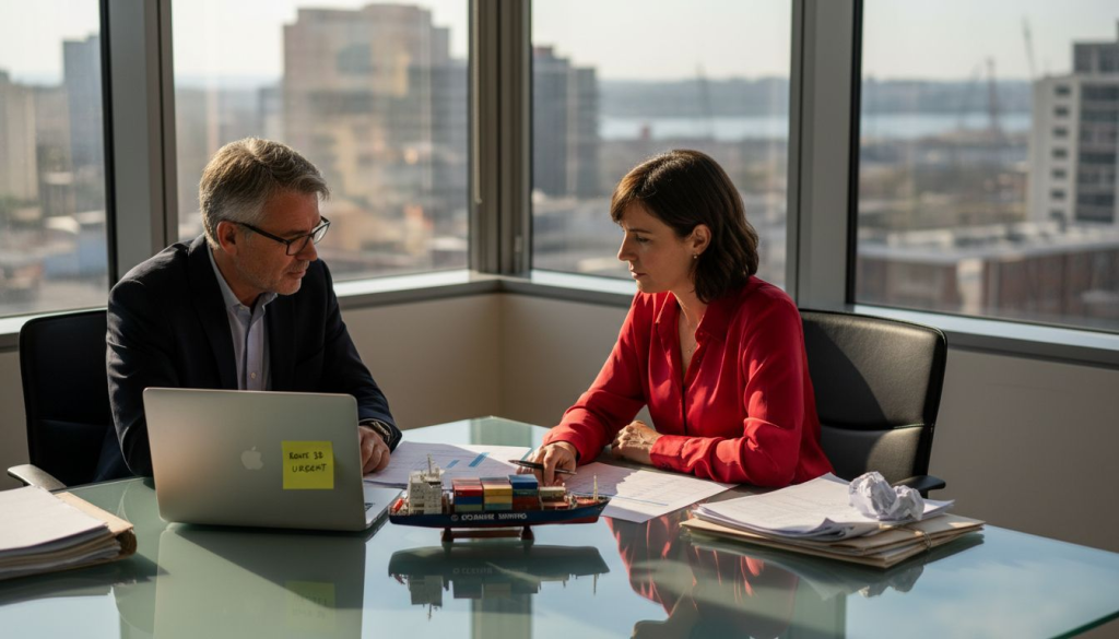 Logistics managers discuss tariff chart in office