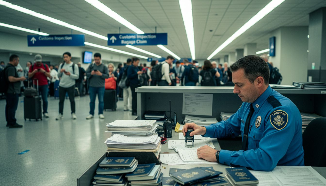 Customs officer stamping paperwork at airport desk