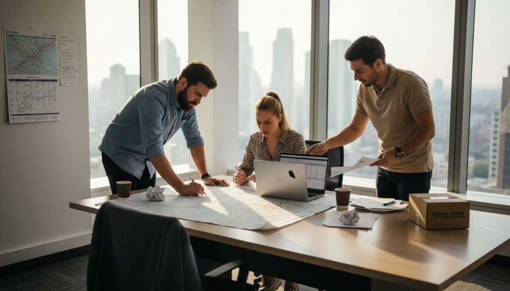 Logistics team reviews shipment plan office