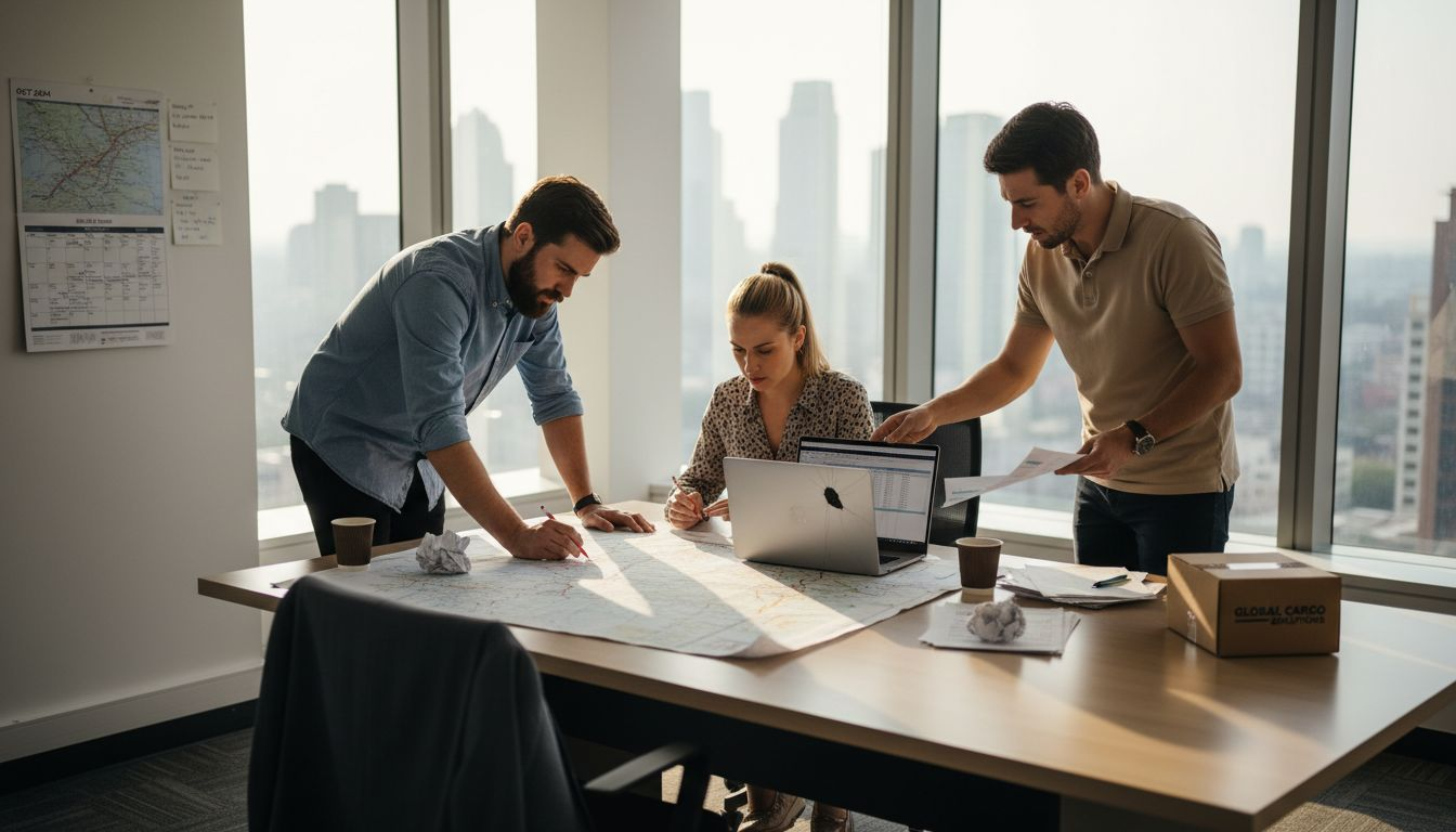 Logistics team reviews shipment plan office