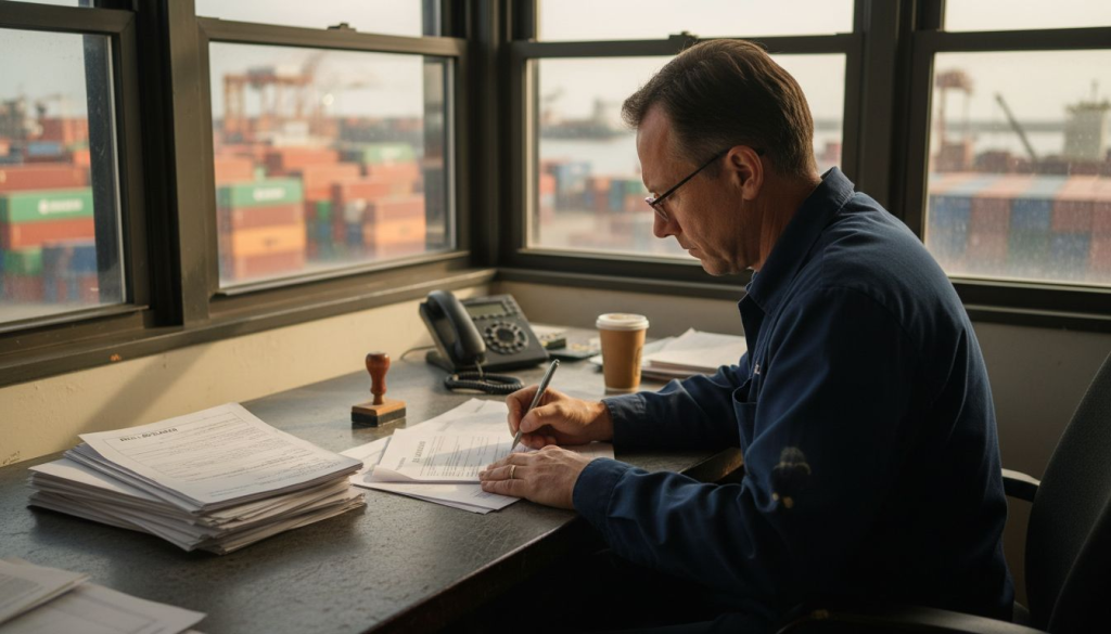Manager completing bill of lading paperwork