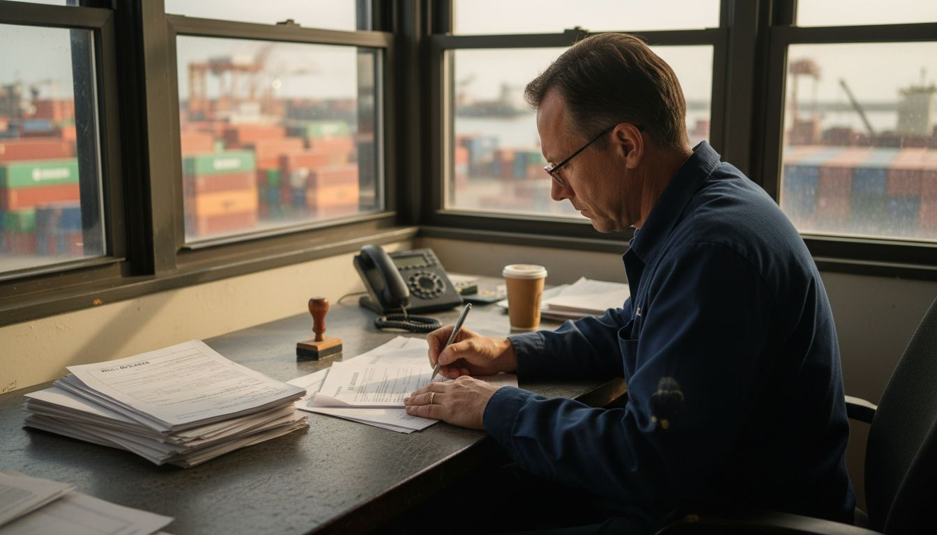 Manager completing bill of lading paperwork