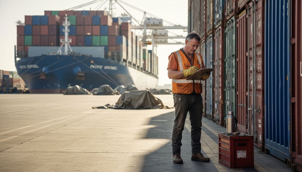 Dockworker beside container ship at port