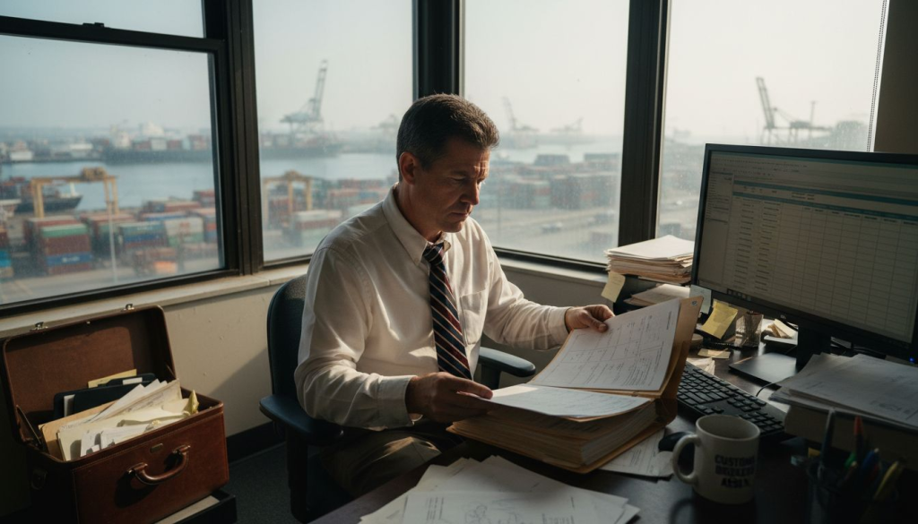 US customs broker working at cluttered desk