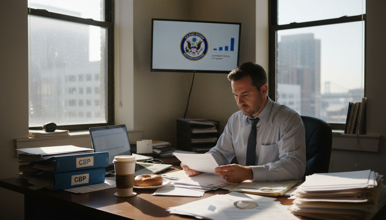 Customs broker working at cluttered office desk
