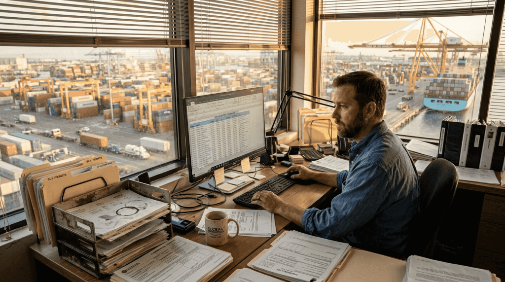 Customs broker at cluttered desk near shipping terminal
