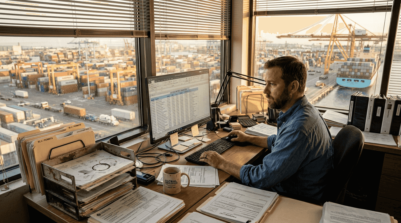 Customs broker at cluttered desk near shipping terminal