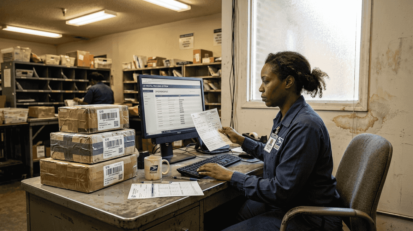 Postal worker tracking international parcels at desk