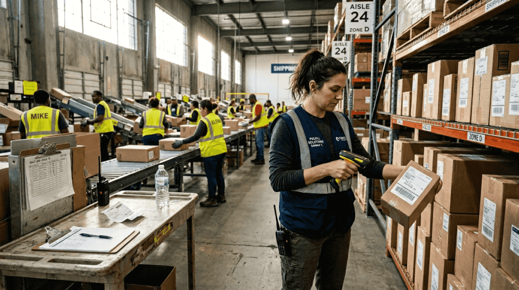 Warehouse supervisor scanning package in fulfillment center
