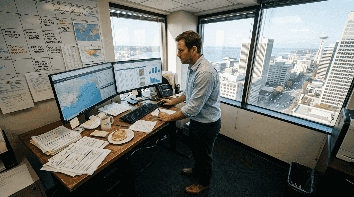 Logistics coordinator planning shipments in office