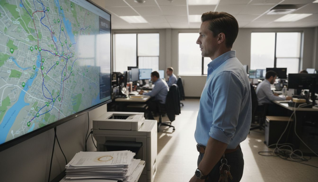 Coordinator tracking trucks on wall map in office