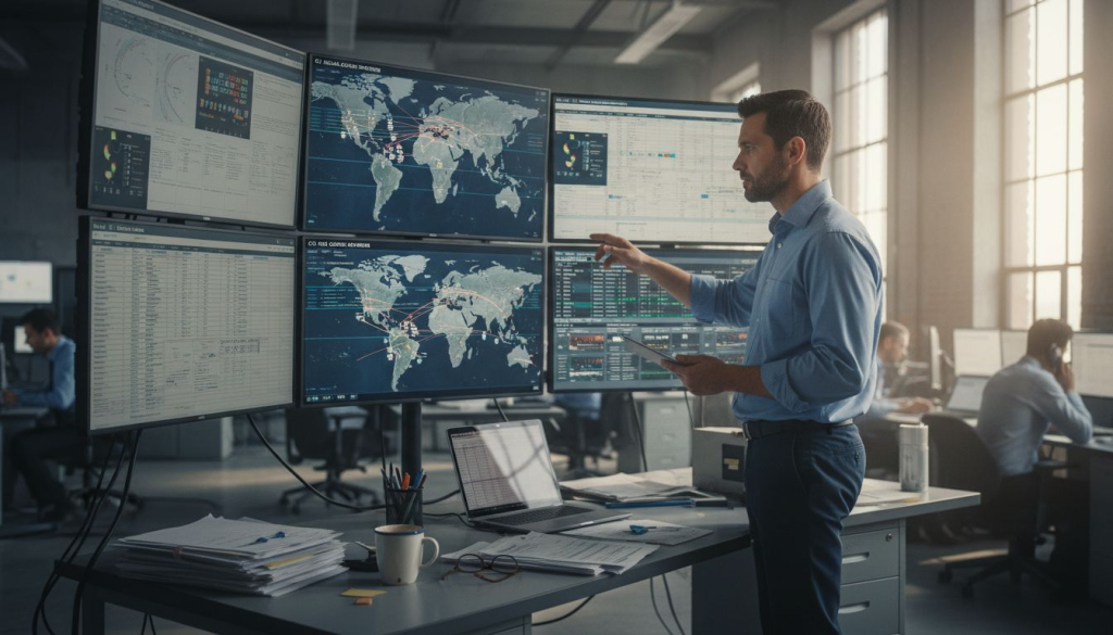Manager reviewing cargo tracking screens in control room