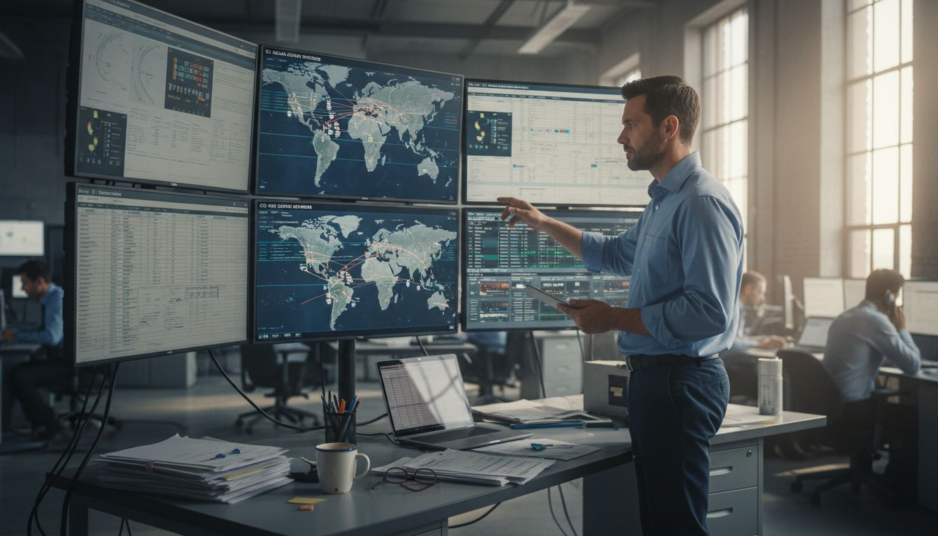 Manager reviewing cargo tracking screens in control room