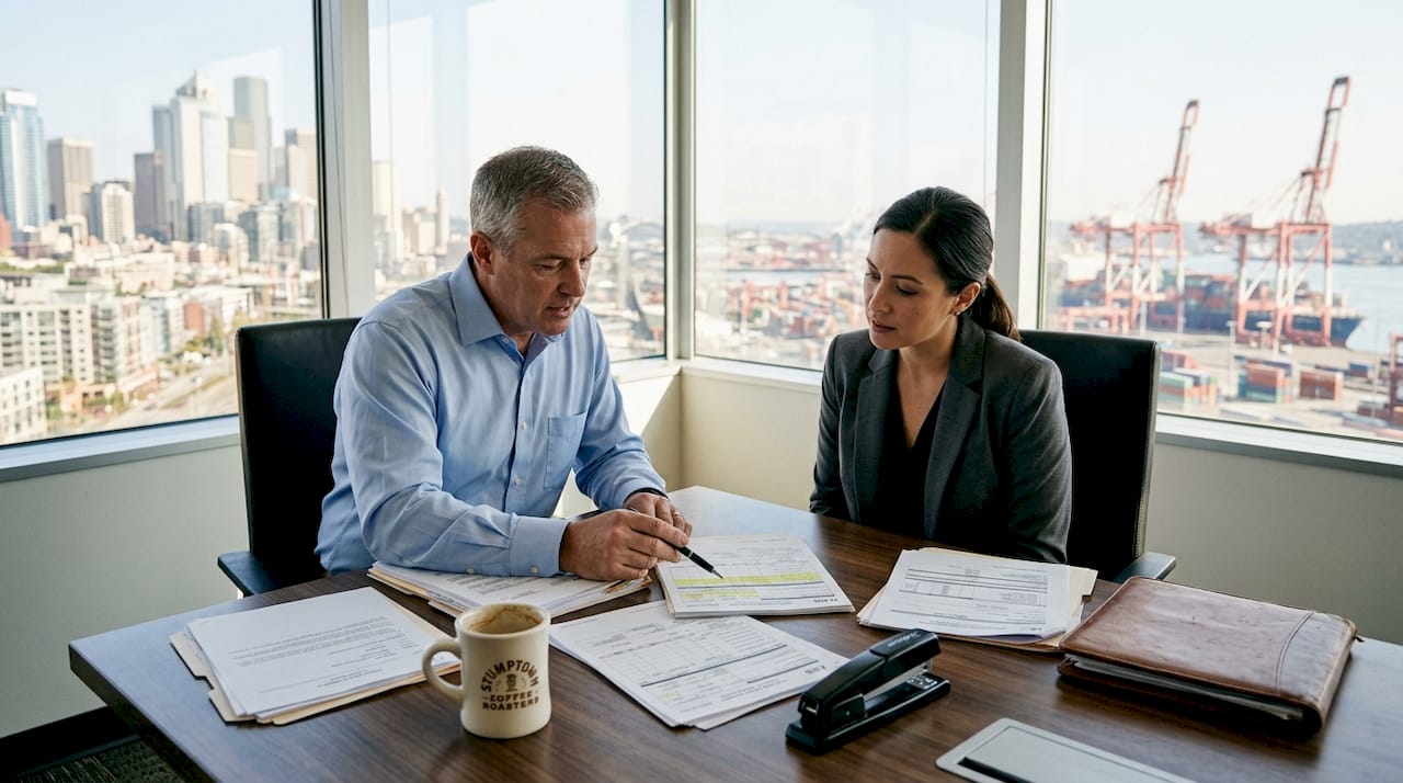 Broker consulting with business owner on imports