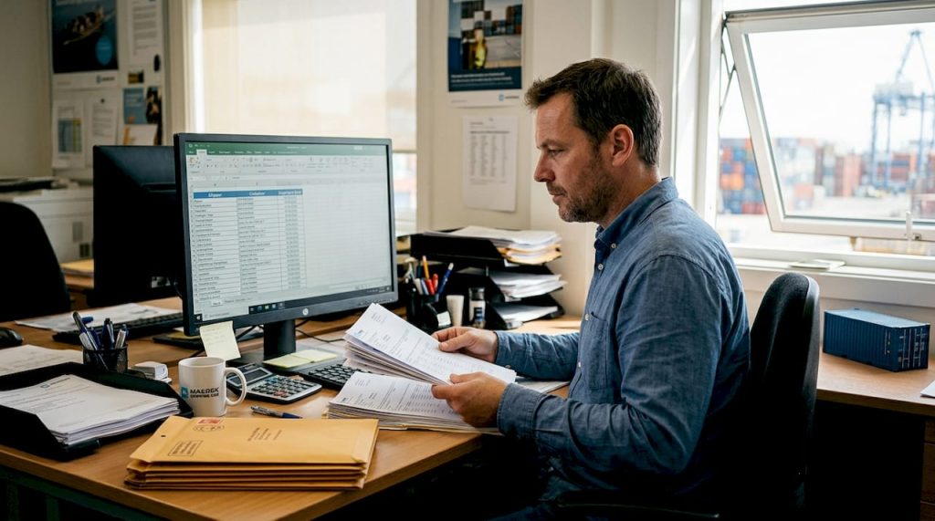 Coordinator organizing documents for ocean freight forwarding