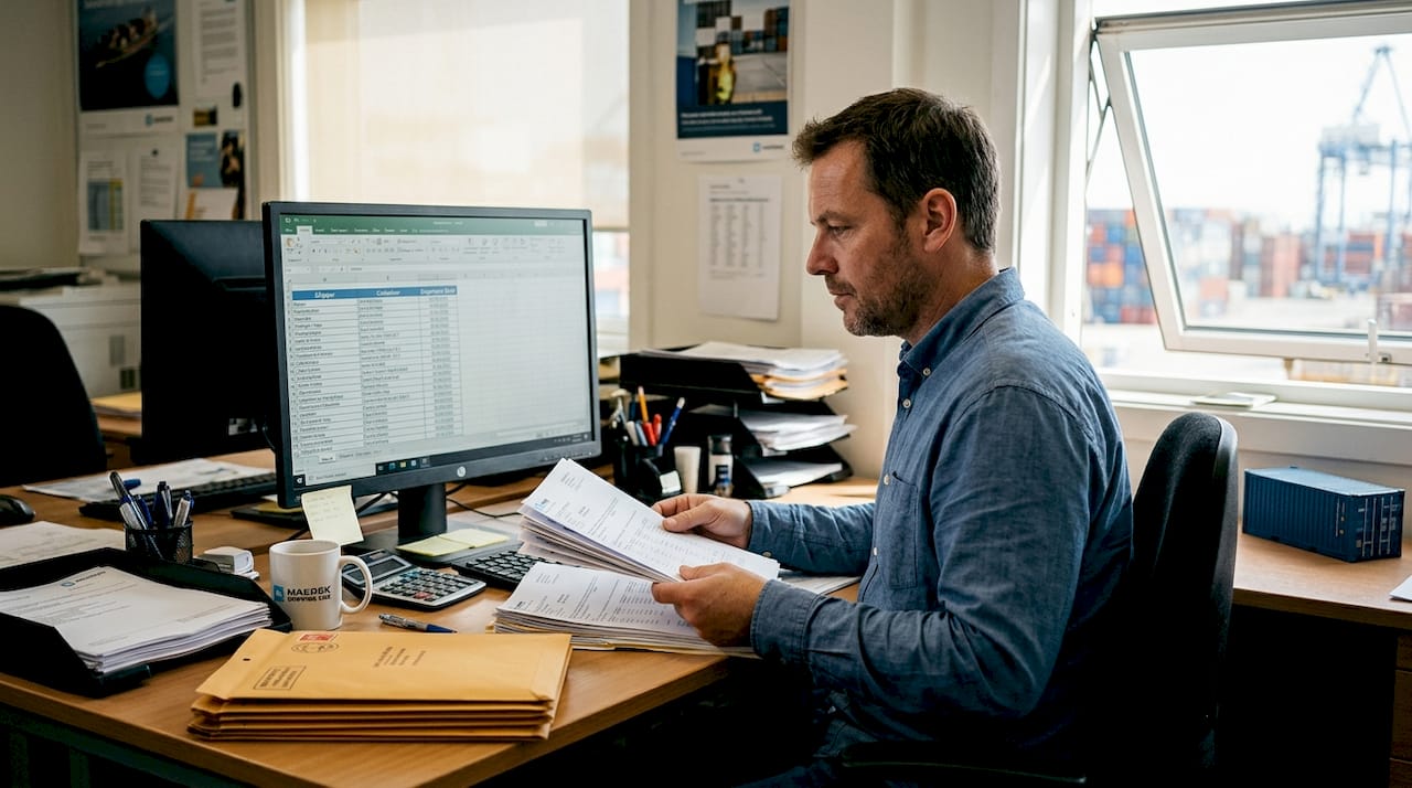 Coordinator organizing documents for ocean freight forwarding