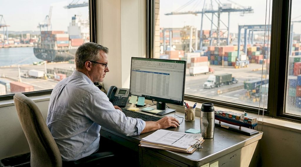 Logistics manager reviewing ISF filing spreadsheet