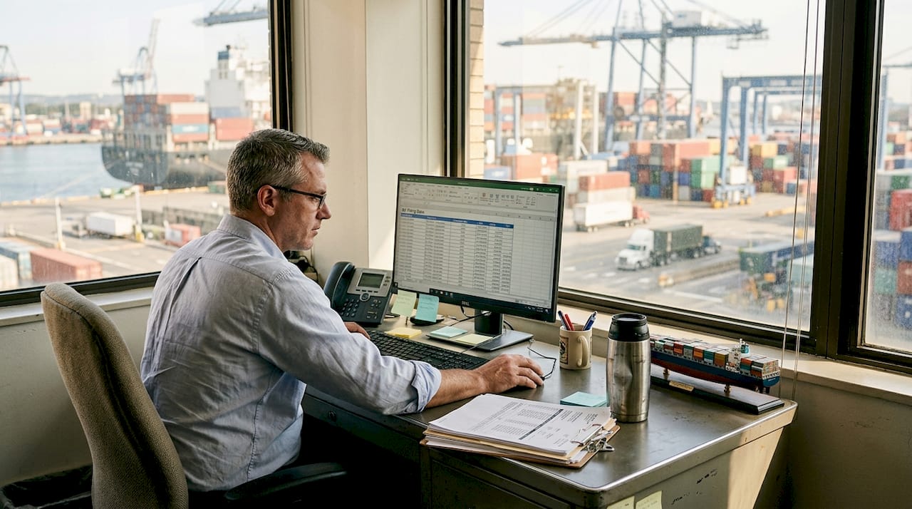 Logistics manager reviewing ISF filing spreadsheet