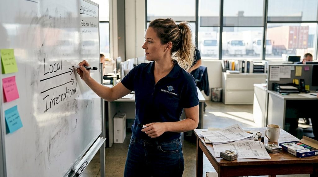 Coordinator comparing local and international freight