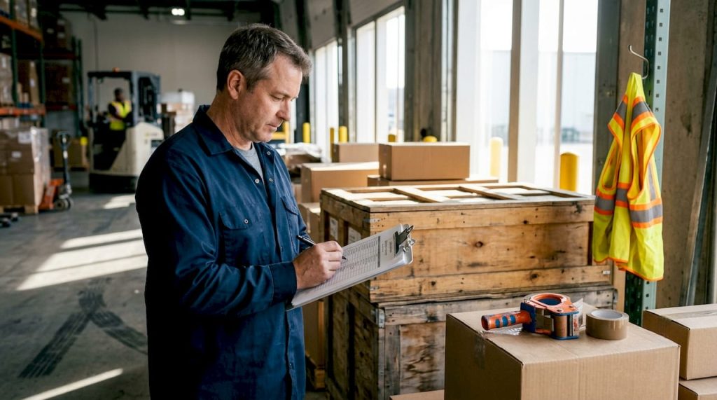 Supervisor checks packing list in busy warehouse