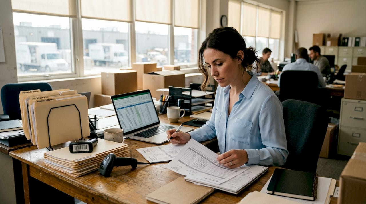 Logistics manager reviews customs documents at desk