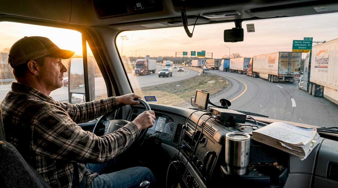 Truck driver in cab on busy highway