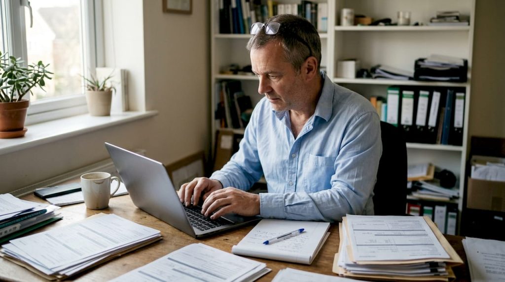 Importer reviewing customs documents in home office