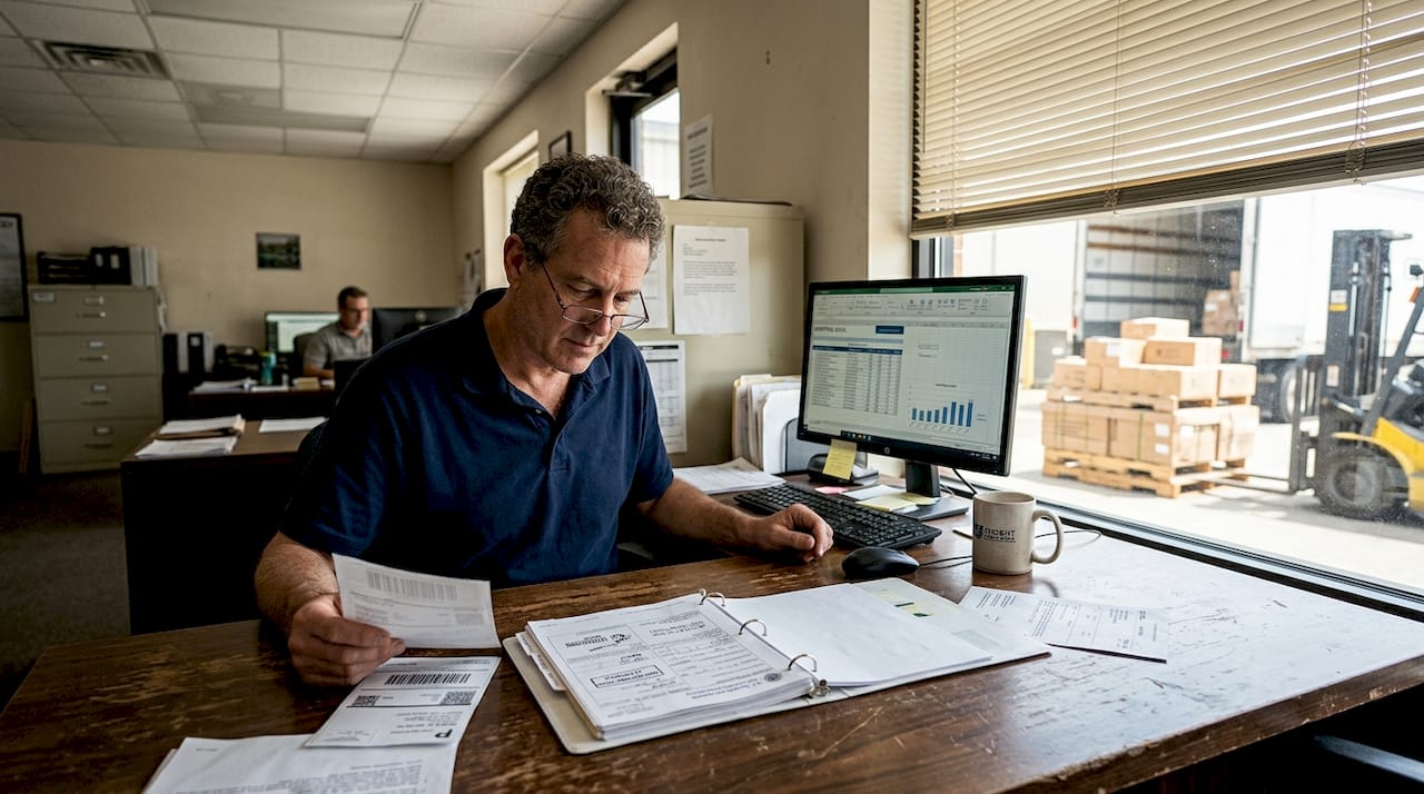 Logistics manager reviewing customs documents office
