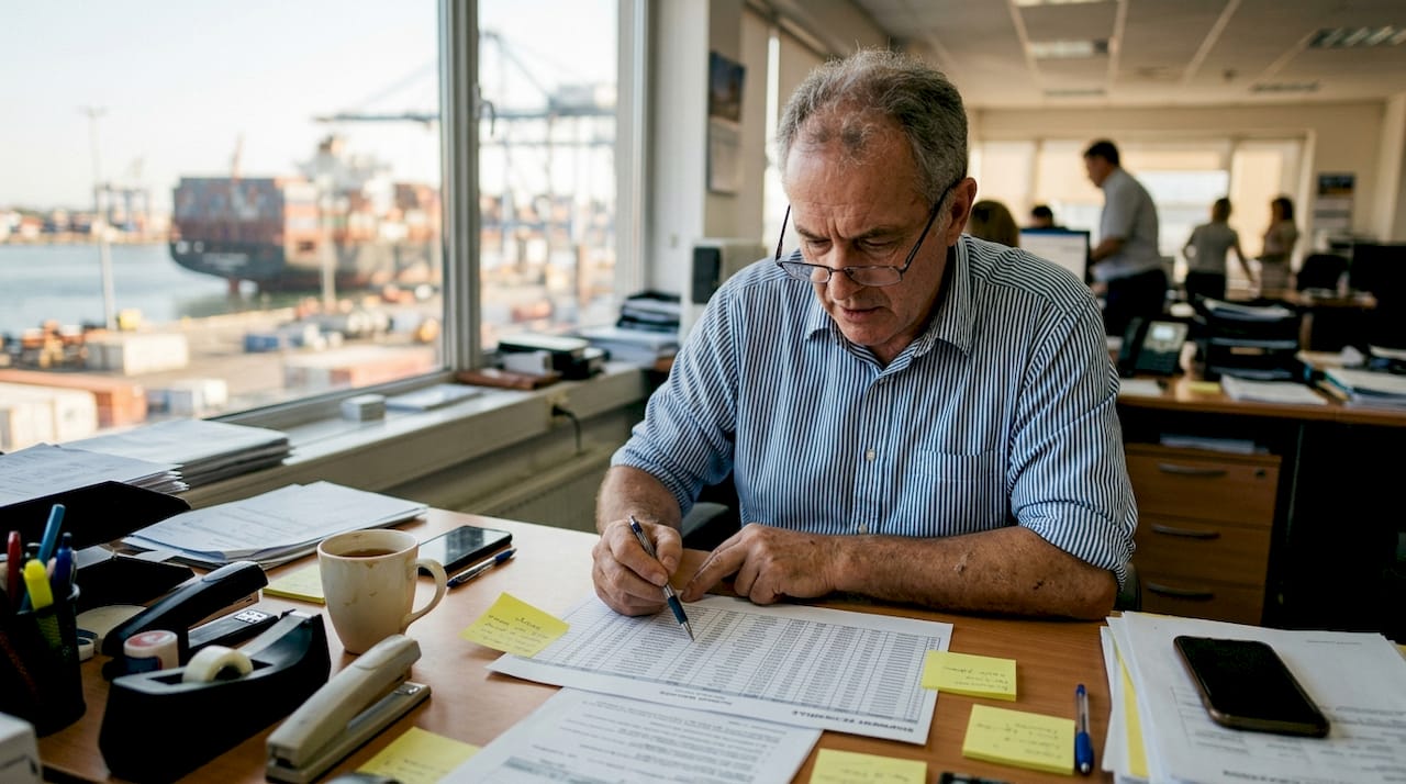 Logistics manager reviewing freight schedule in port office