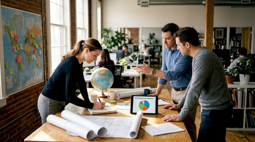 Logistics team discussing international shipping plans