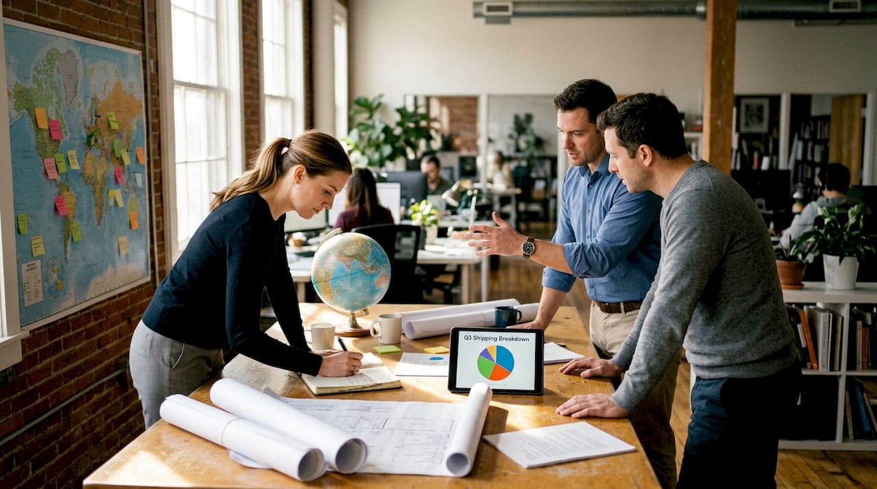 Logistics team discussing international shipping plans