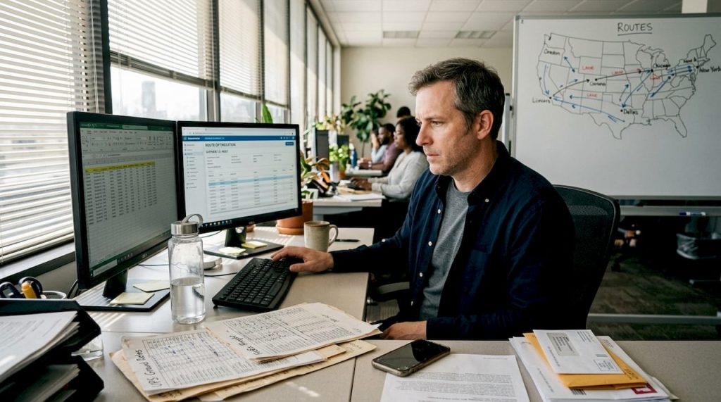 Logistics coordinator reviews freight marketplace data