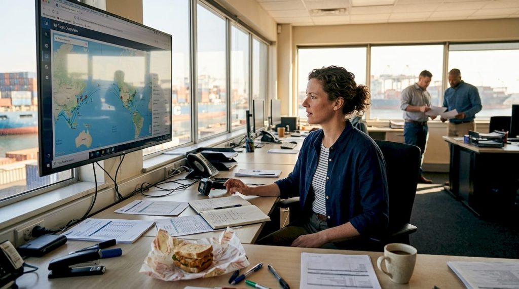 Manager reviewing AI dashboard for shipping routes