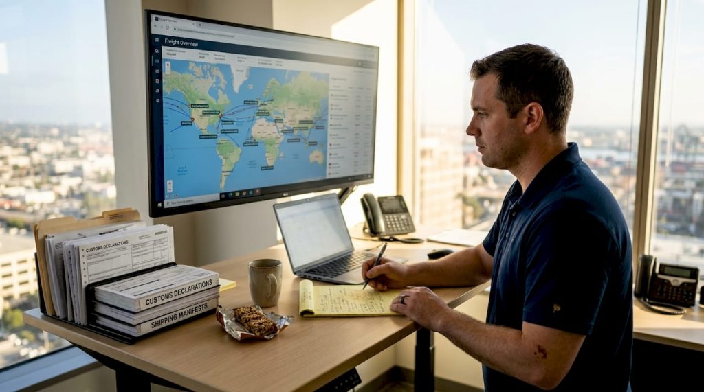 Logistics manager tracking shipments at desk