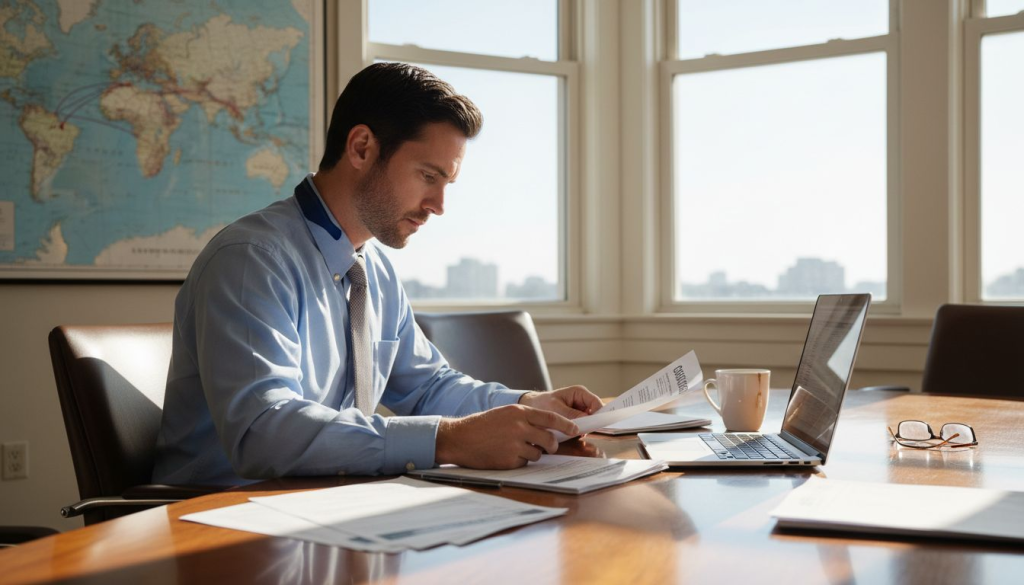 Logistics manager reviews cargo insurance papers