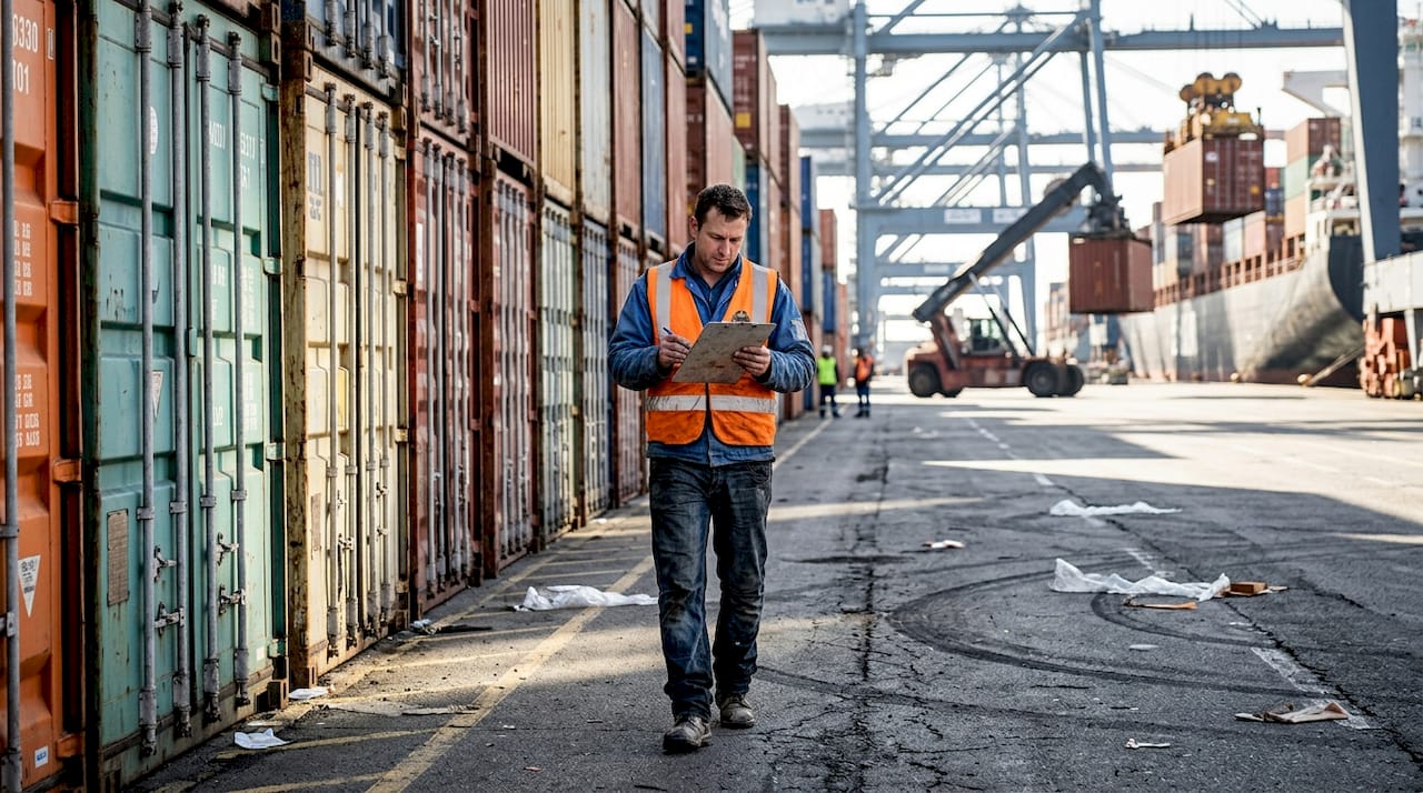 Dockworker inspecting containers at port terminal
