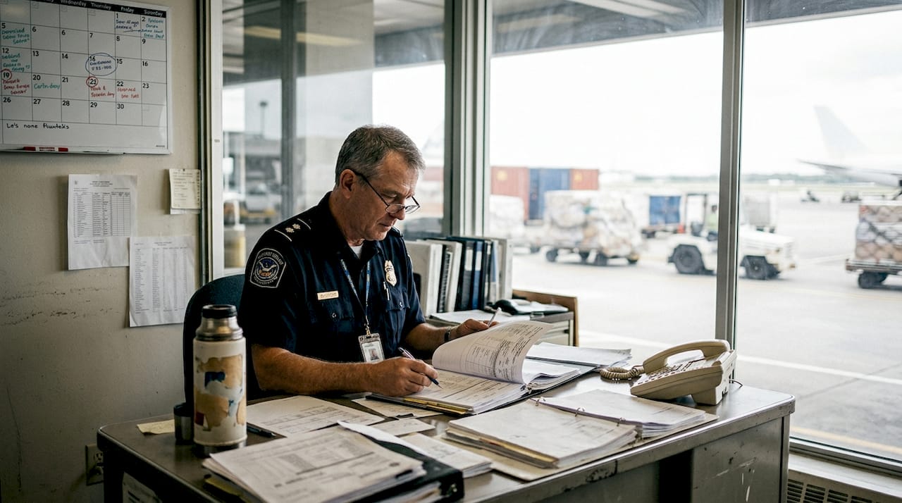 Customs officer checking cargo paperwork in office