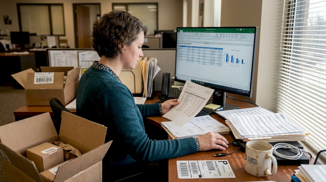 Operations manager reviewing secure shipping data
