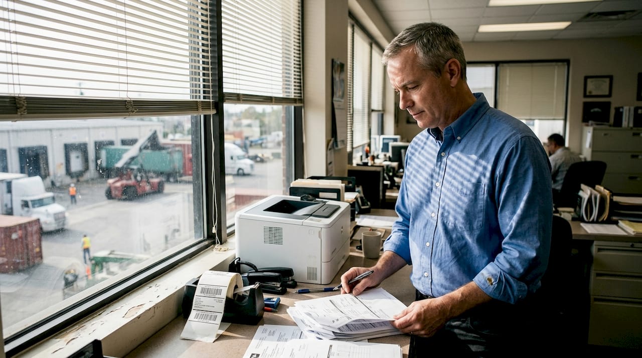 Manager reviewing cargo shipment paperwork