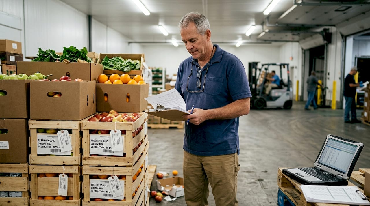Manager checking customs documents at warehouse