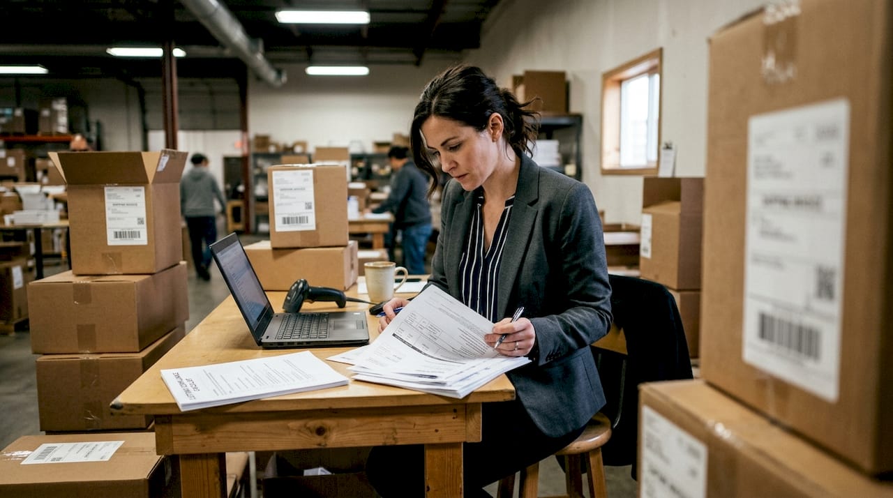 Logistics manager reviewing customs compliance paperwork