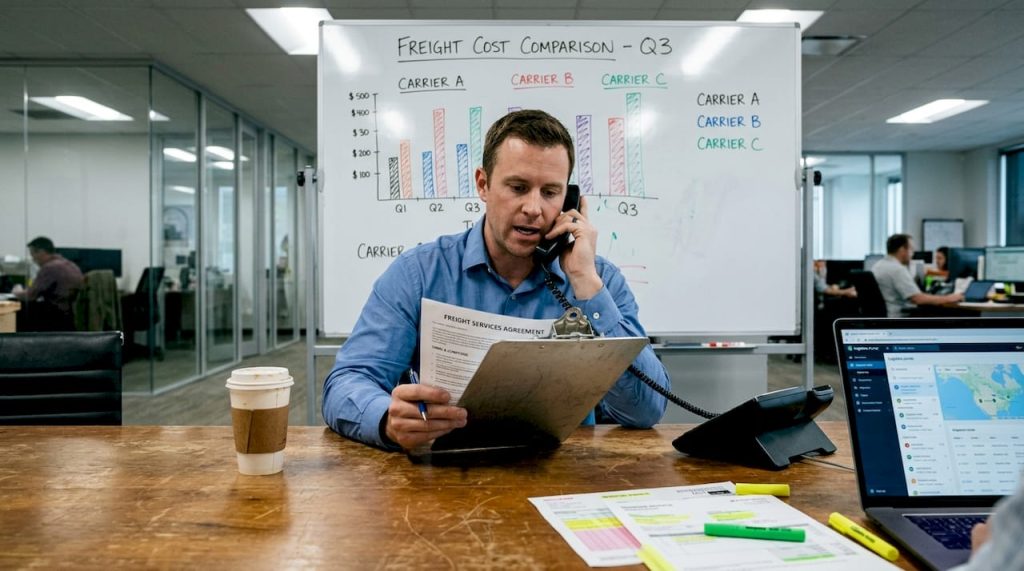 Logistics manager reviews freight contract at office