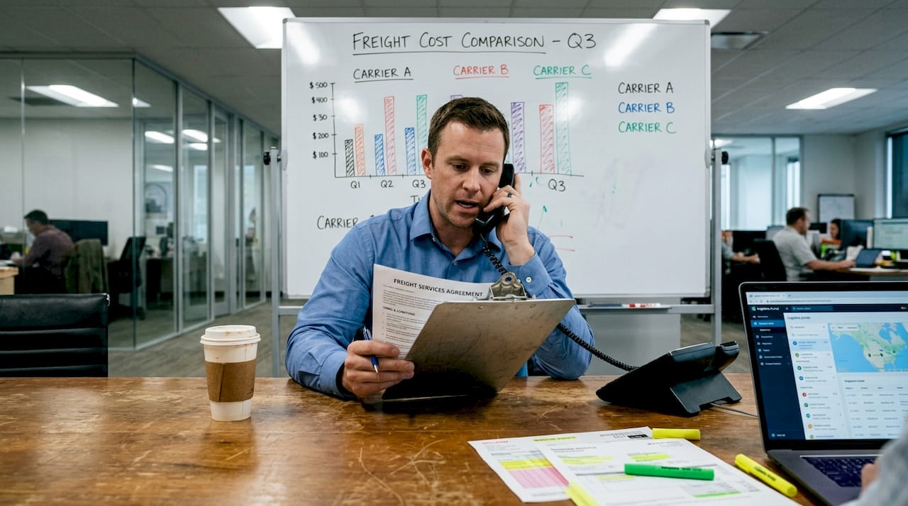 Logistics manager reviews freight contract at office
