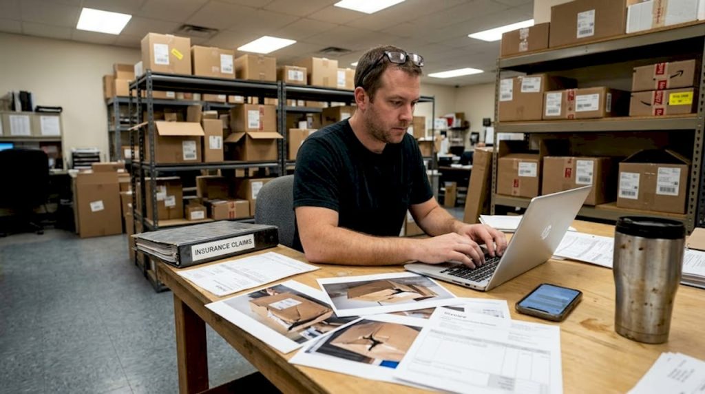 Manager filing shipment claim in office