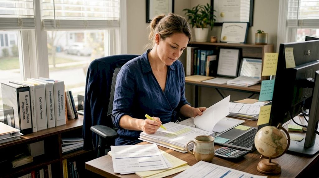 Export manager checking export paperwork at desk