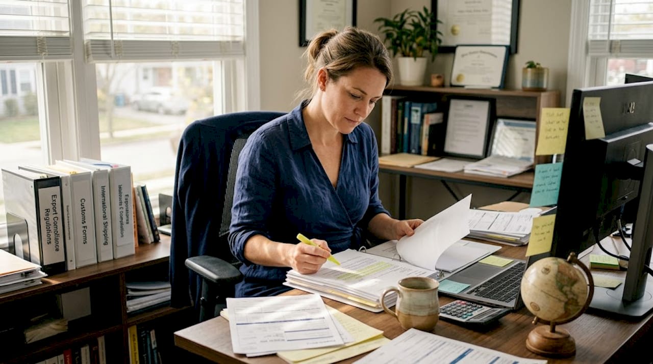 Export manager checking export paperwork at desk